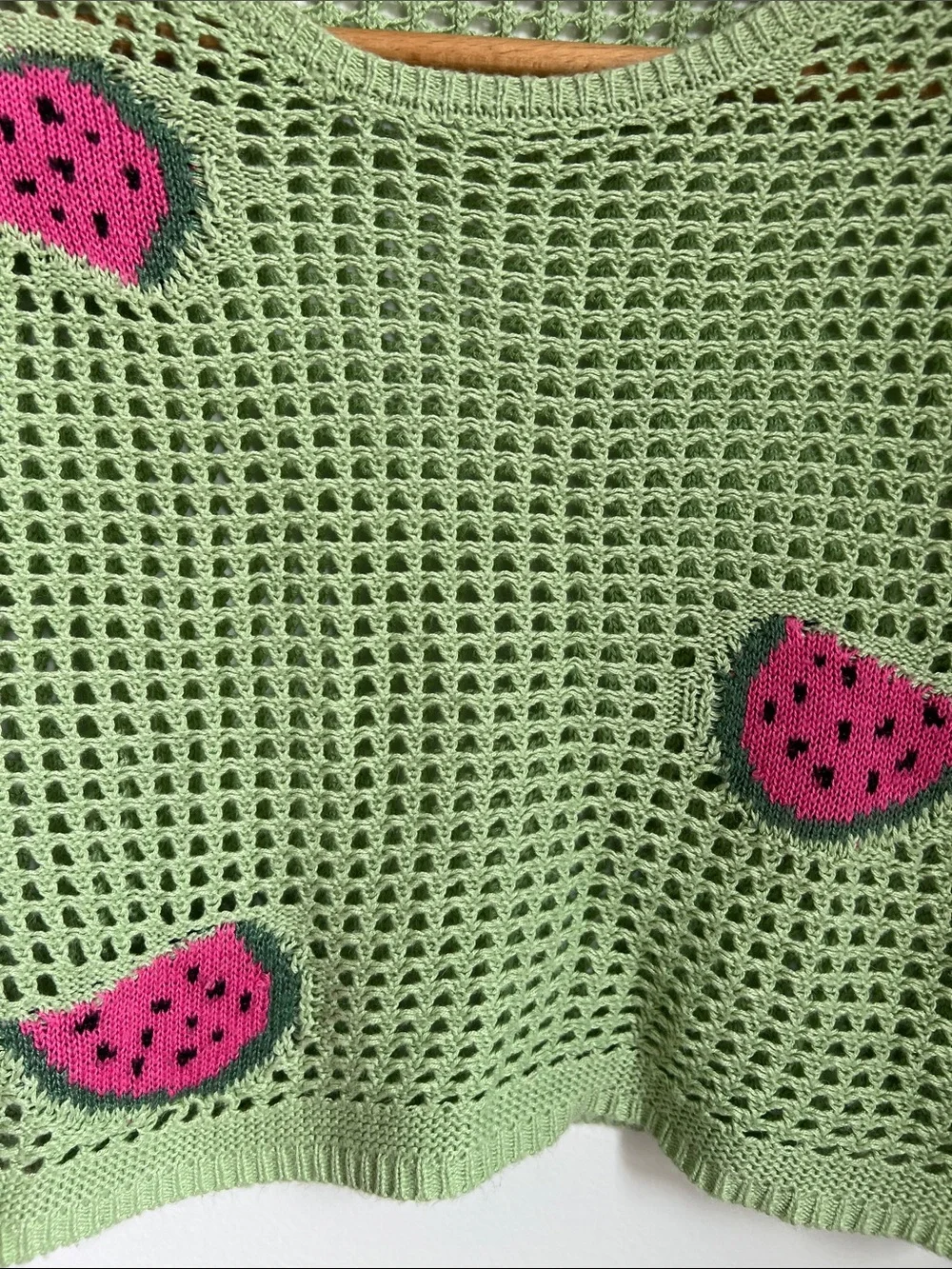 No Comment | Green Cropped Crochet Sweater Pink Watermelon Patches Size XL (16)